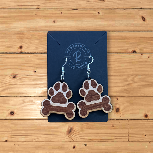 Dog Paw With Bone Earrings - Cherry Wood